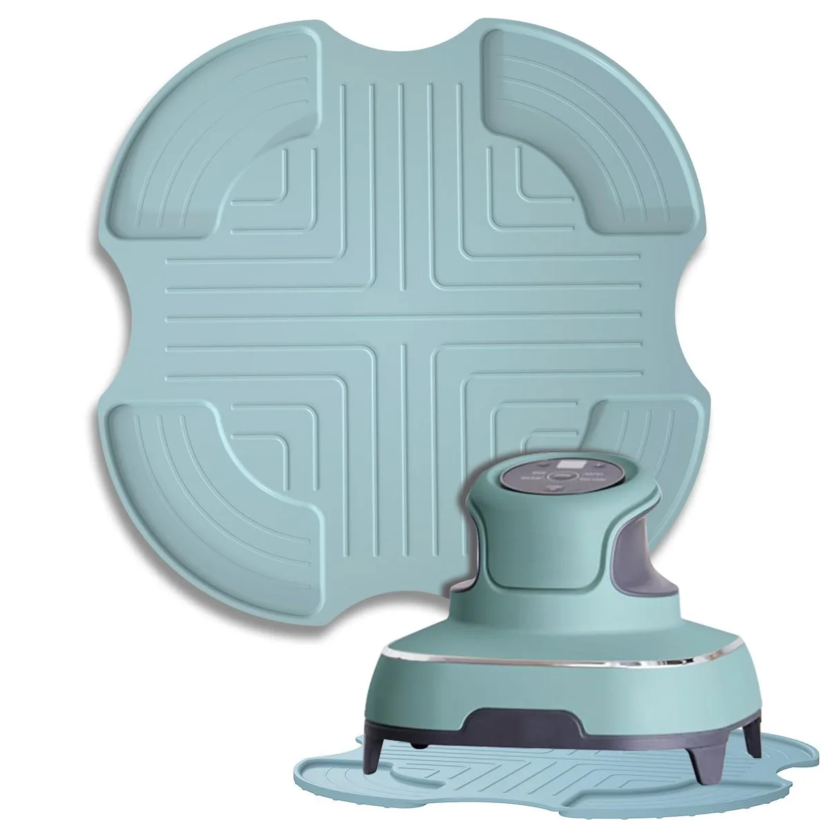 Light green square silicone trivet with striped hollow-core pattern and corner grooves, 10.6 inches