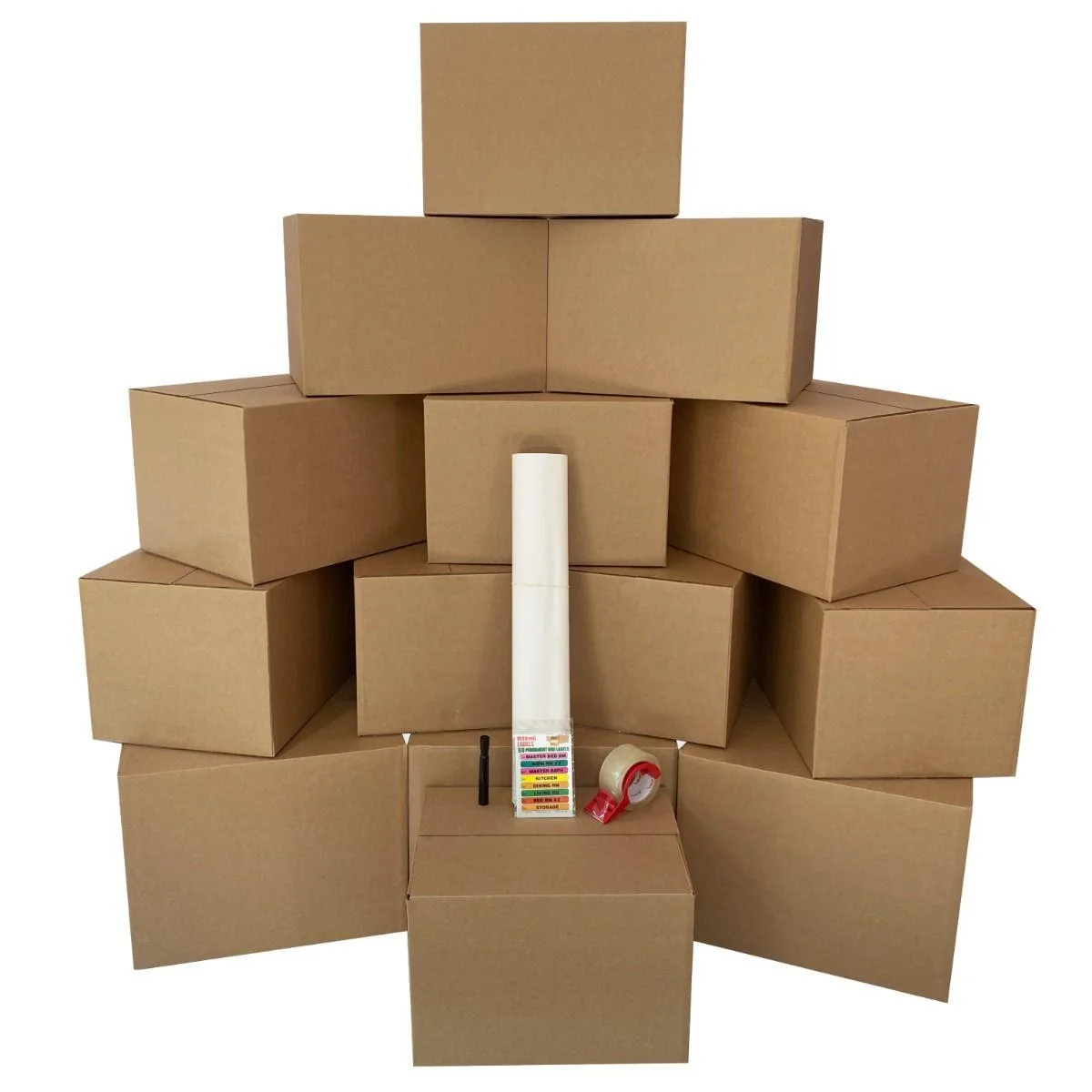 Cardboard moving kit with 14 boxes, tape dispenser, labels and wrapping paper