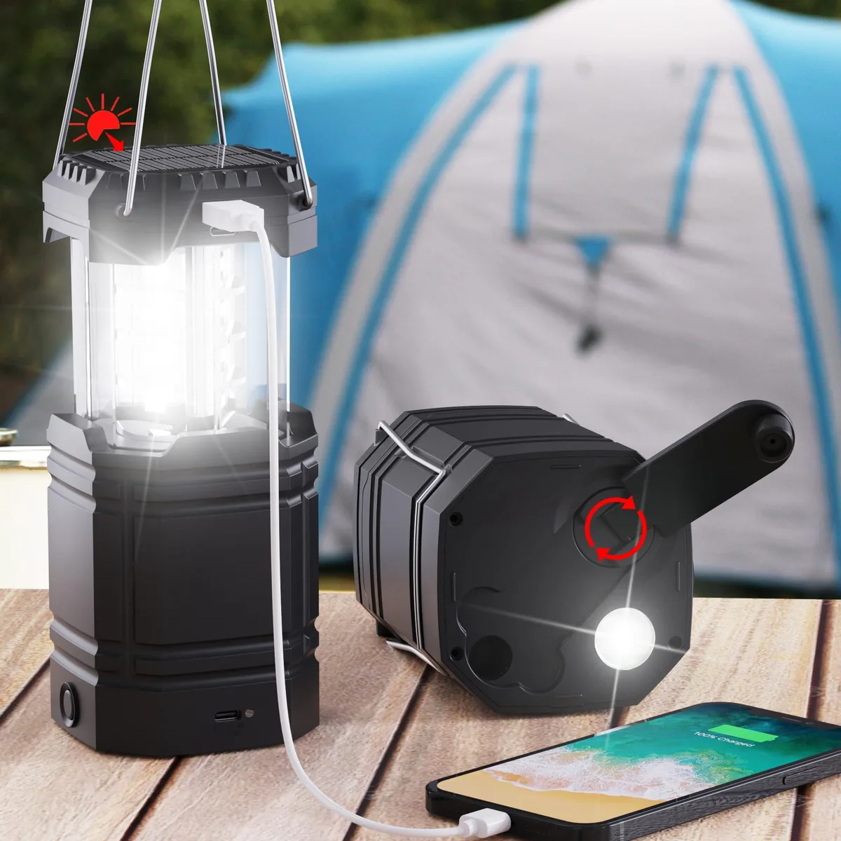 Black cylindrical lantern with fold-out crank handle and top solar panel
