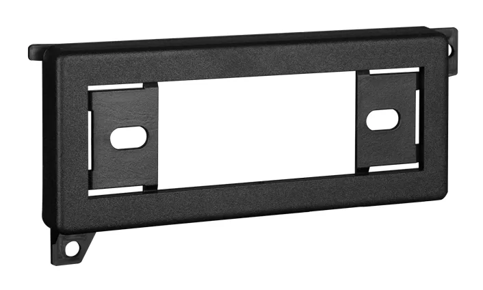 Black plastic DIN radio installation kit with textured finish and mounting hardware
