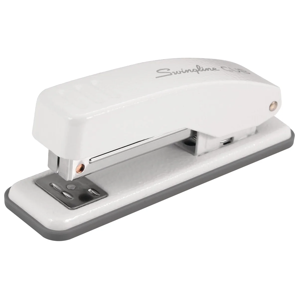 White metal desktop stapler, compact rectangular shape, textured powder coat finish