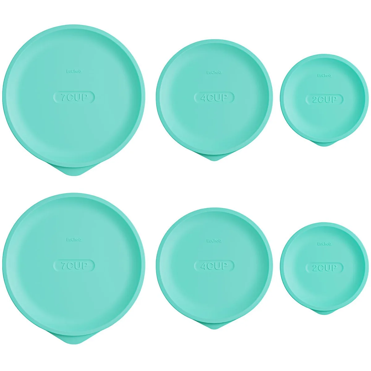 Six turquoise silicone round lids in three sizes on white background