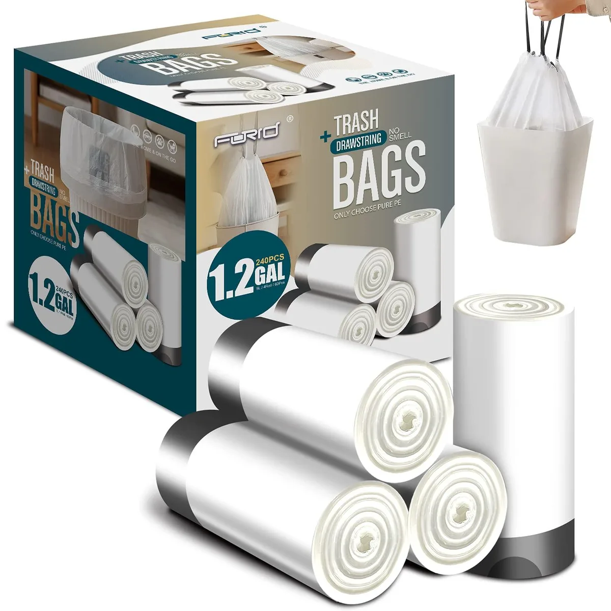 White drawstring trash bags on four rolls, 240 count, 1.2 gallon capacity