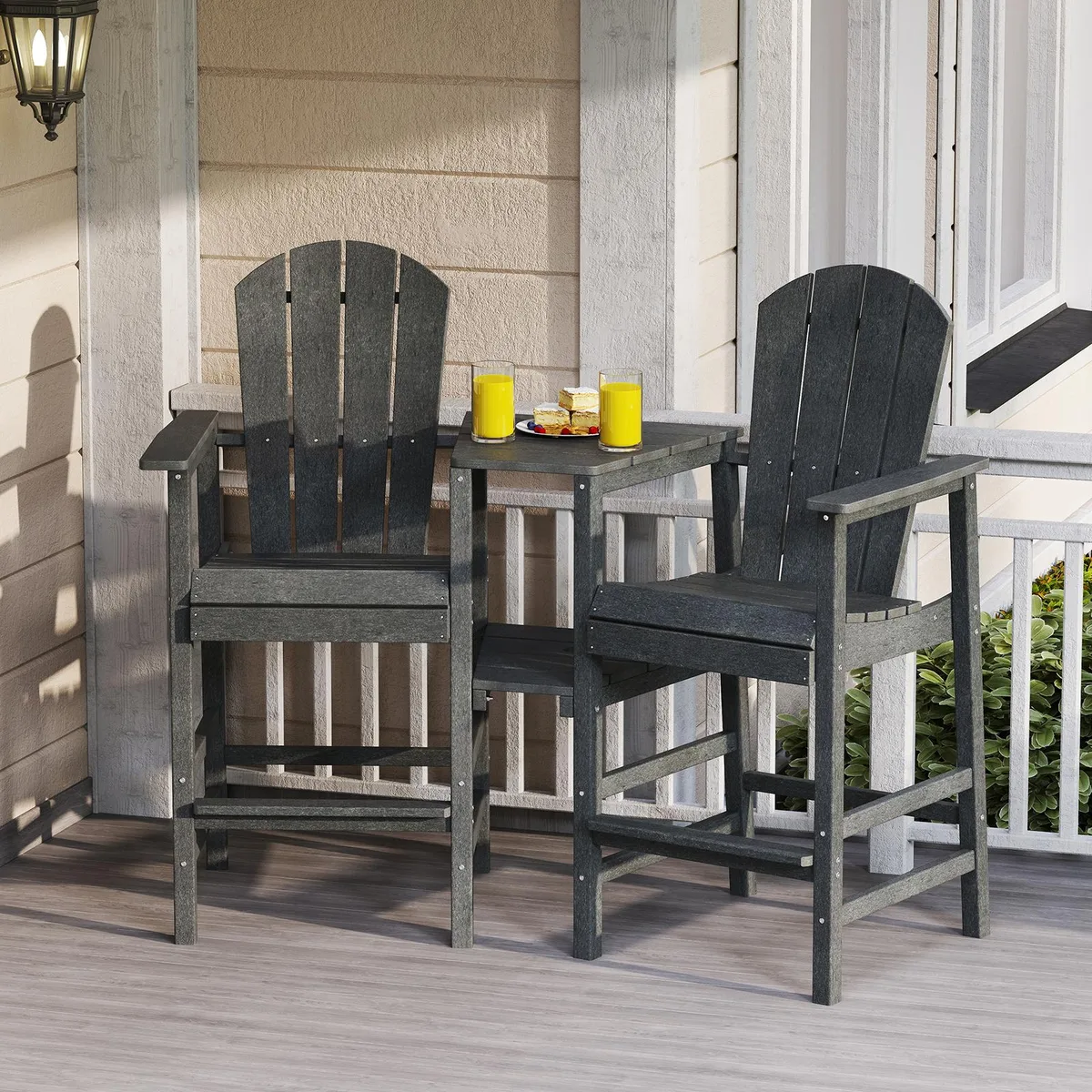 Grey two-seat Adirondack chair with central connecting tray and footrests