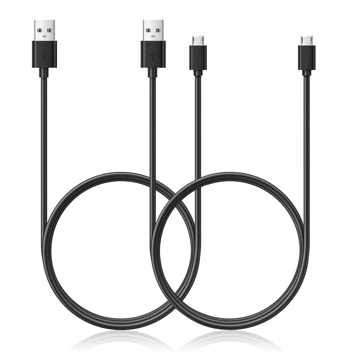 Two black USB to Micro USB cables, each 2 metres long, PVC jacket