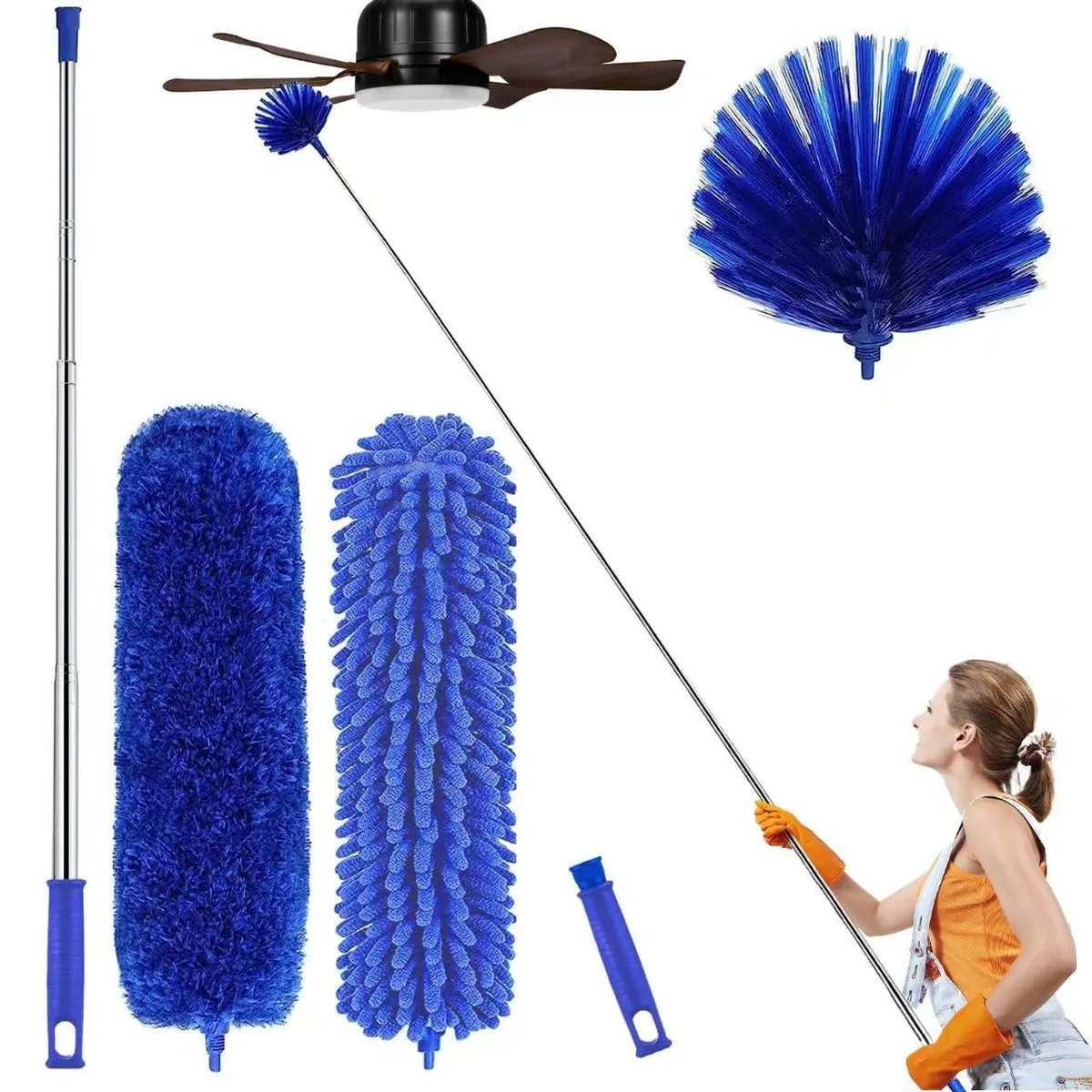 Telescoping pole with three microfibre heads, bendable neck, grey and blue finish