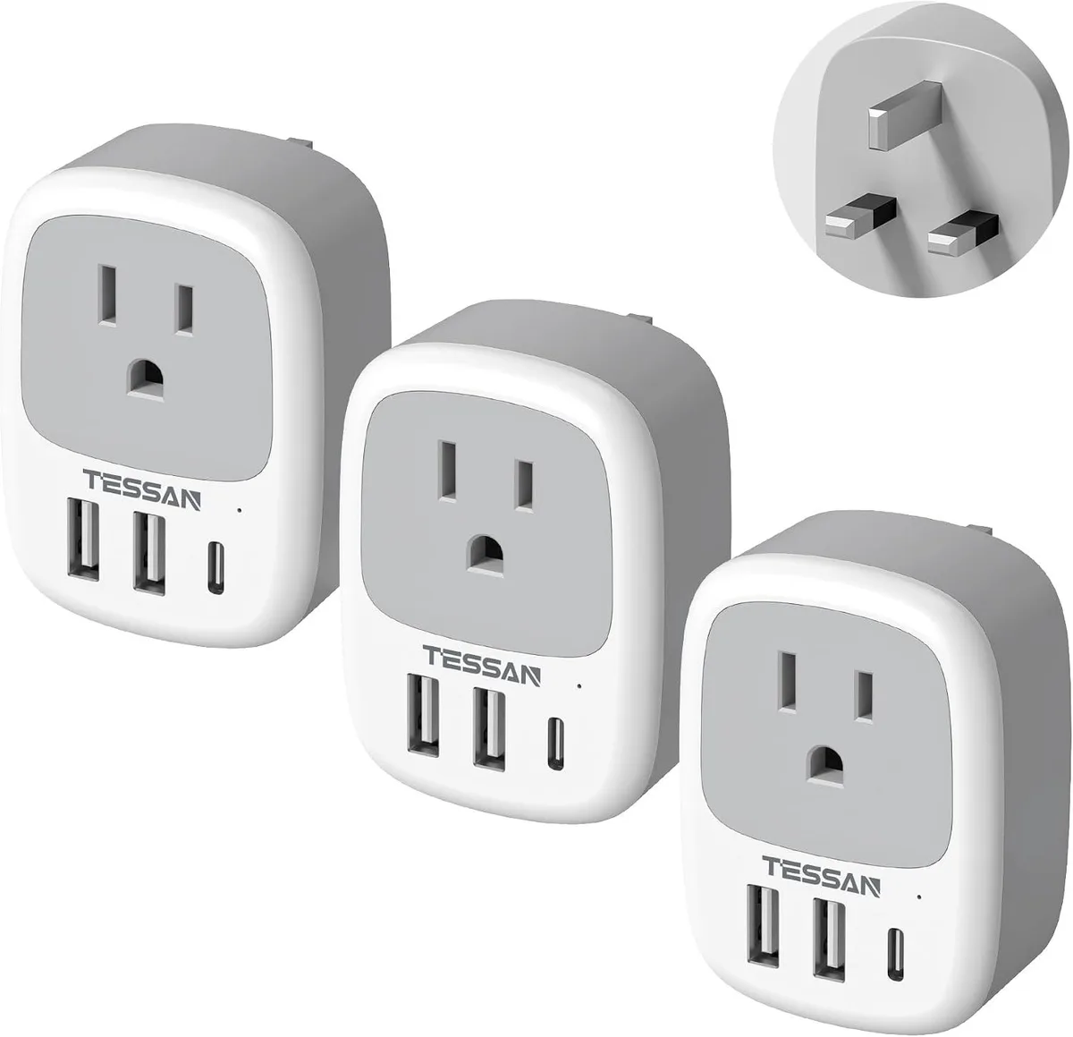 BASEUS BASEUS 3 Pack US to UK Plug Adapter 3 USB Ports (1 USB C) Type G AC Adapter — product photo