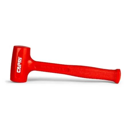 Orange polyurethane dead blow hammer with textured handle, shot-filled head, welded steel core