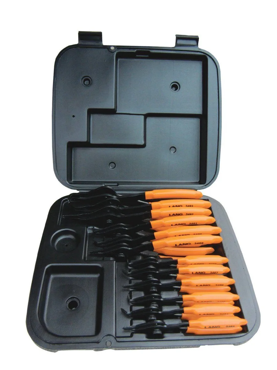 Twelve retaining-ring pliers in straight, 45-degree and 90-degree tip angles, black finish