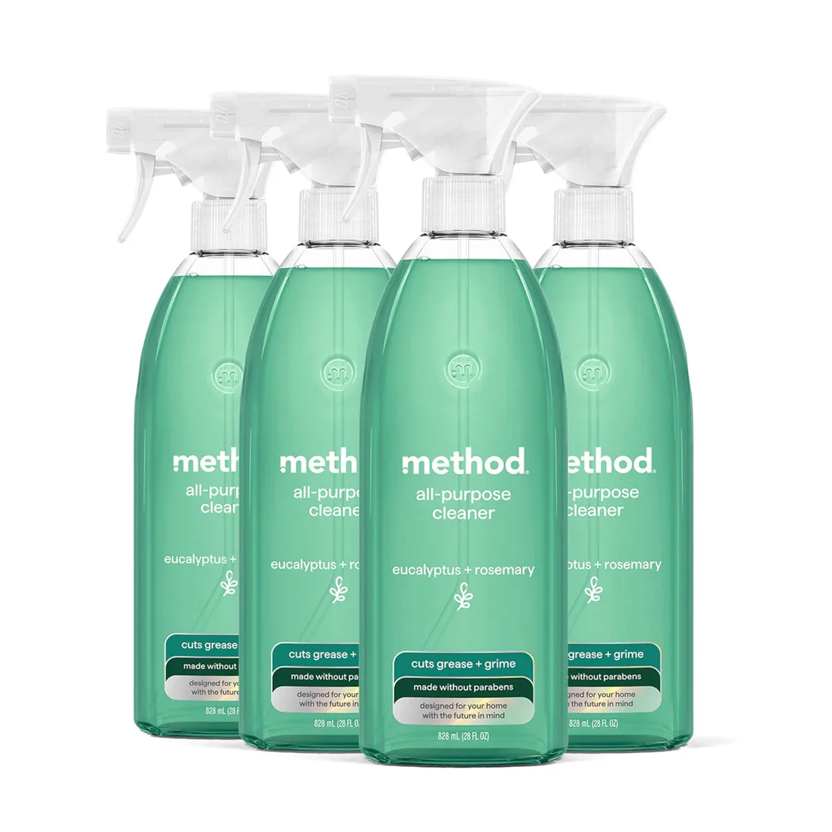 Four white 28 fl oz spray bottles in a pack