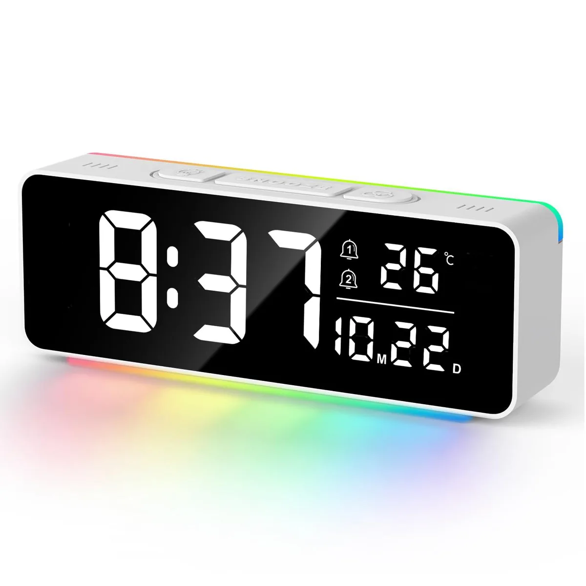White rectangular digital clock with LED display and mood light strips on top and bottom
