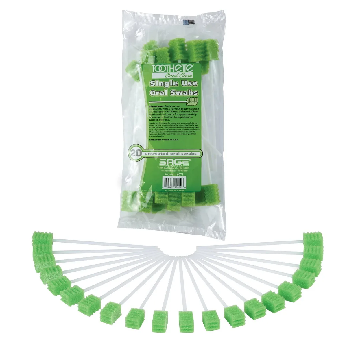 Bag of 20 untreated foam oral swabs on white background