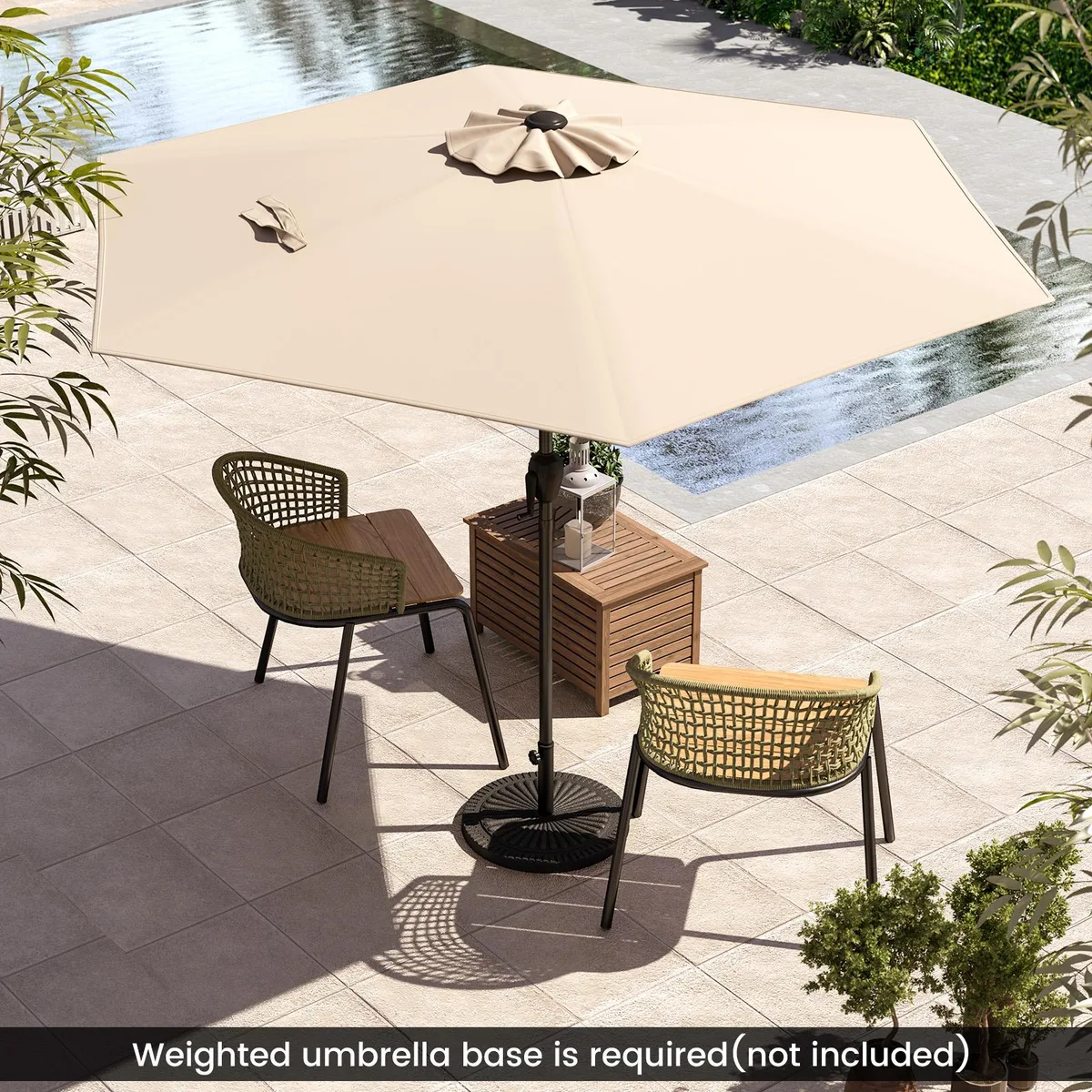 Beige 7.5 ft patio umbrella with crank handle and push-button tilt mechanism