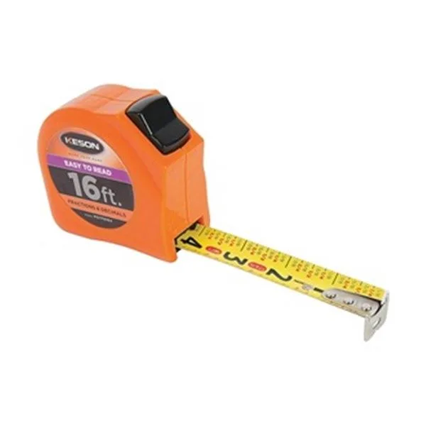 Orange Keson 16 ft tape measure in compact case with yellow steel blade