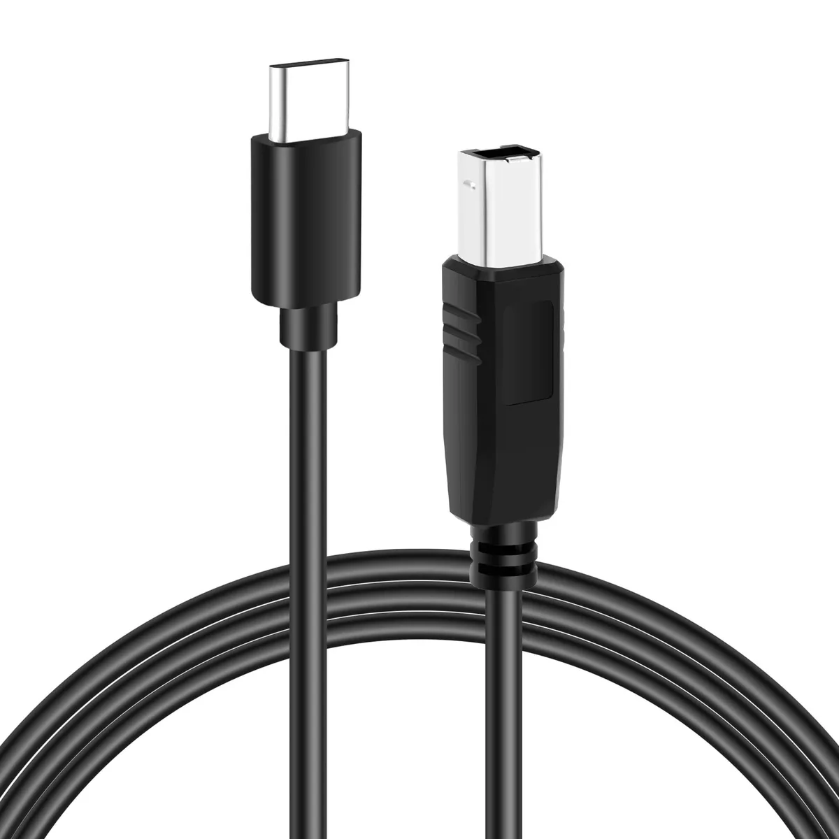Black USB-C to USB-B cable, 4 ft, matte PVC jacket, male-to-male connectors