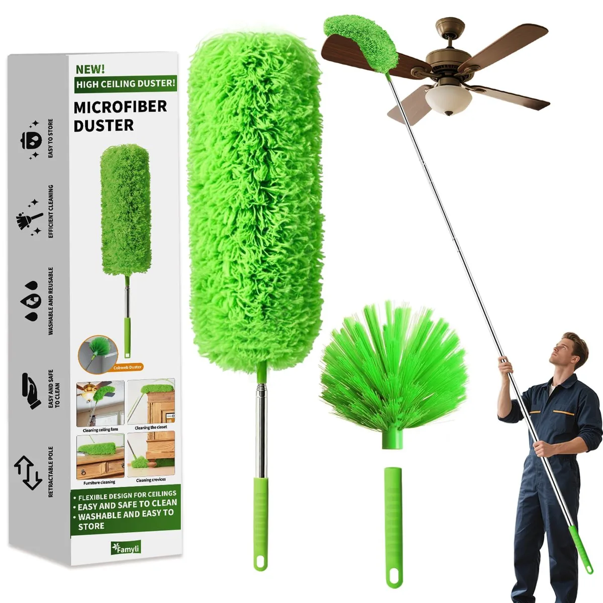 Telescoping pole duster set with bendable microfiber head and corner brush, collapsed to 15 inches and extended to 110 inches