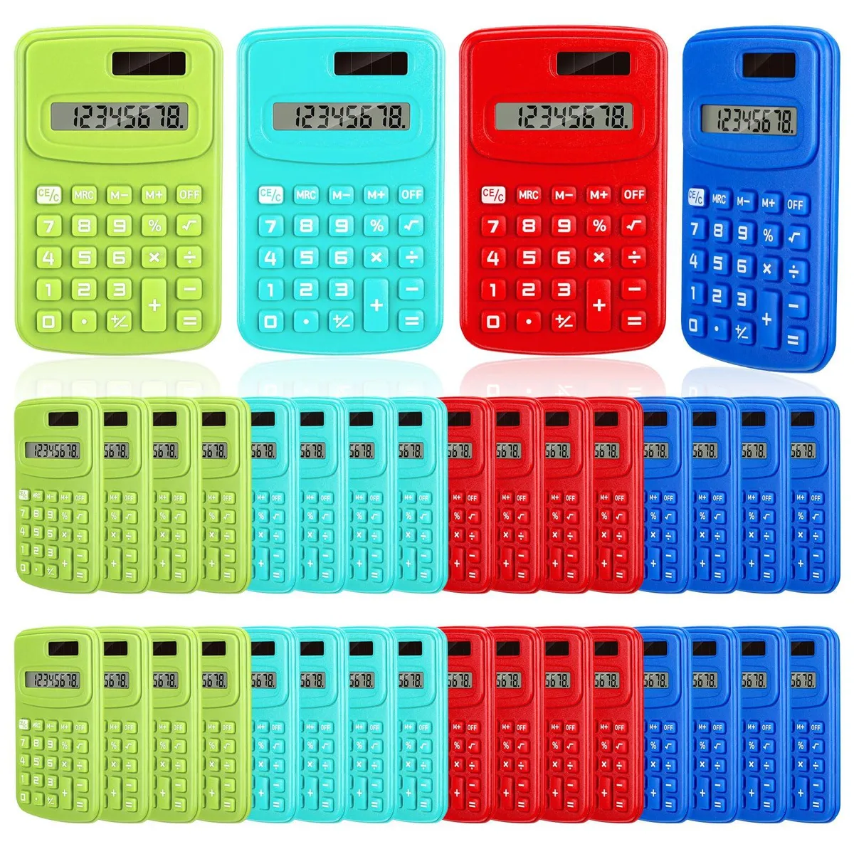 Twenty-four small calculators in blue, dark green, red and yellow-green, each about 3.9 by 2.5 by 0.3 inches with an 8-digit display