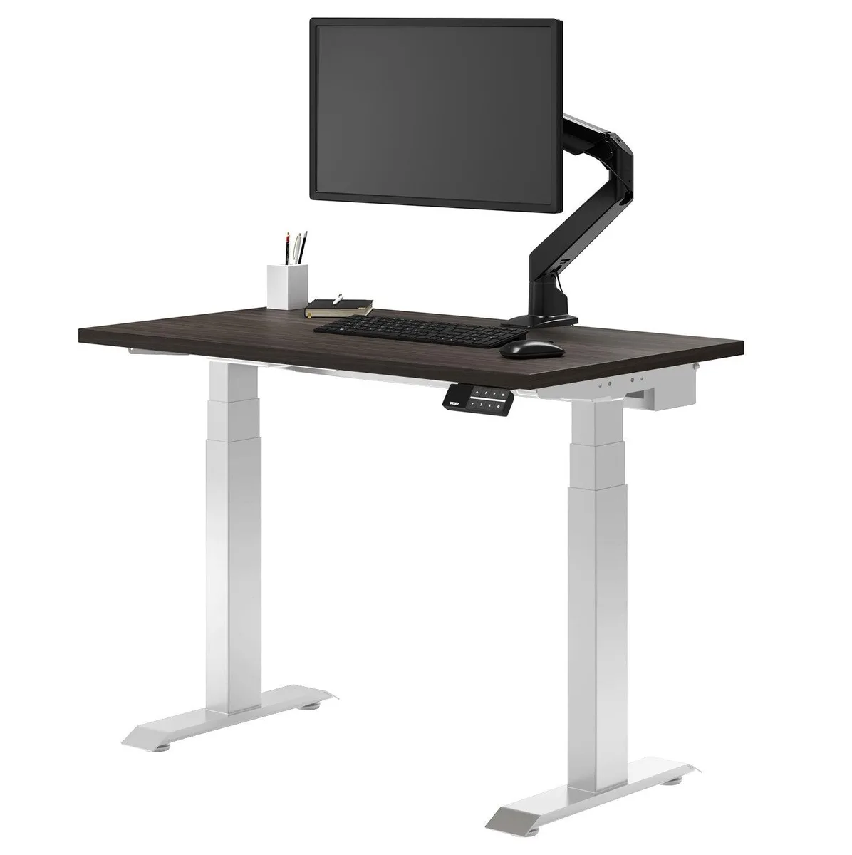 Desky Desky Dual Mini Sit Stand Desk Burnished Wood White 40 x 24 in with Grommets — product photo