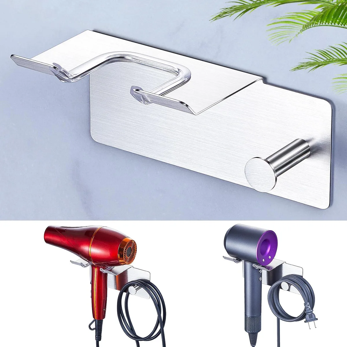  WAYASI Hair Dryer Holder Wall Mount Adhesive Silver SUS304 — product photo