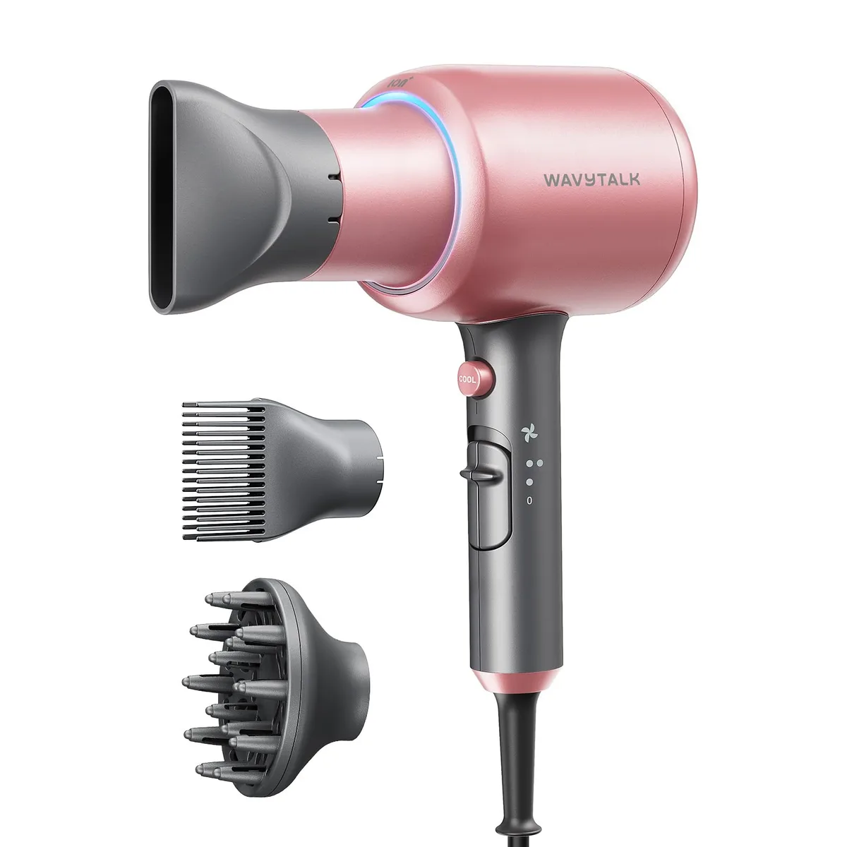 Rose gold hair dryer with diffuser, nozzle and comb attachments