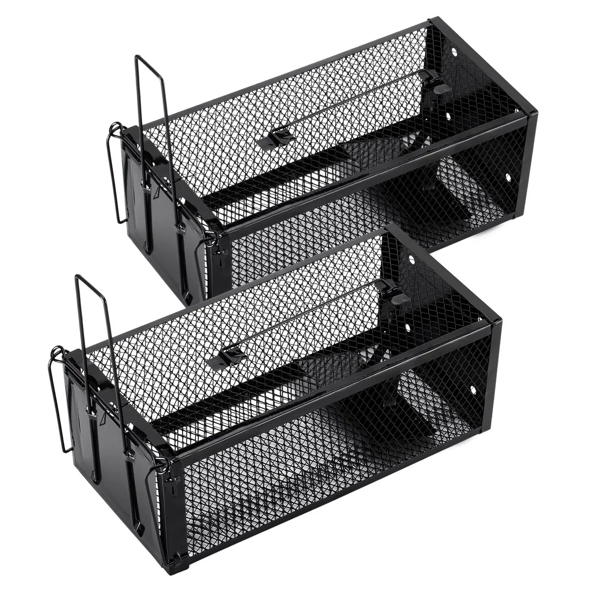 Two rectangular wire-mesh live-catch traps, silver metal finish, each 12.5 by 5.5 by 4.5 inches