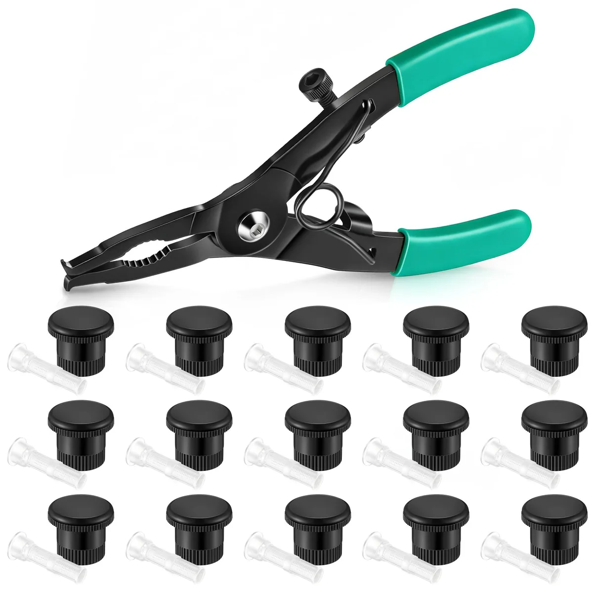 Green plastic sprinkler tool with fifteen shut-off caps