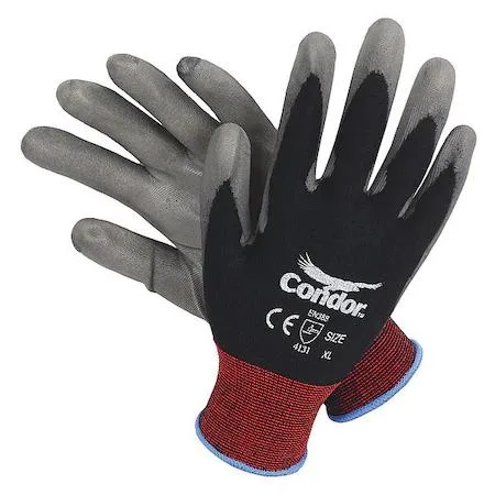 Pair of grey nylon knit gloves with smooth black polyurethane palm coating