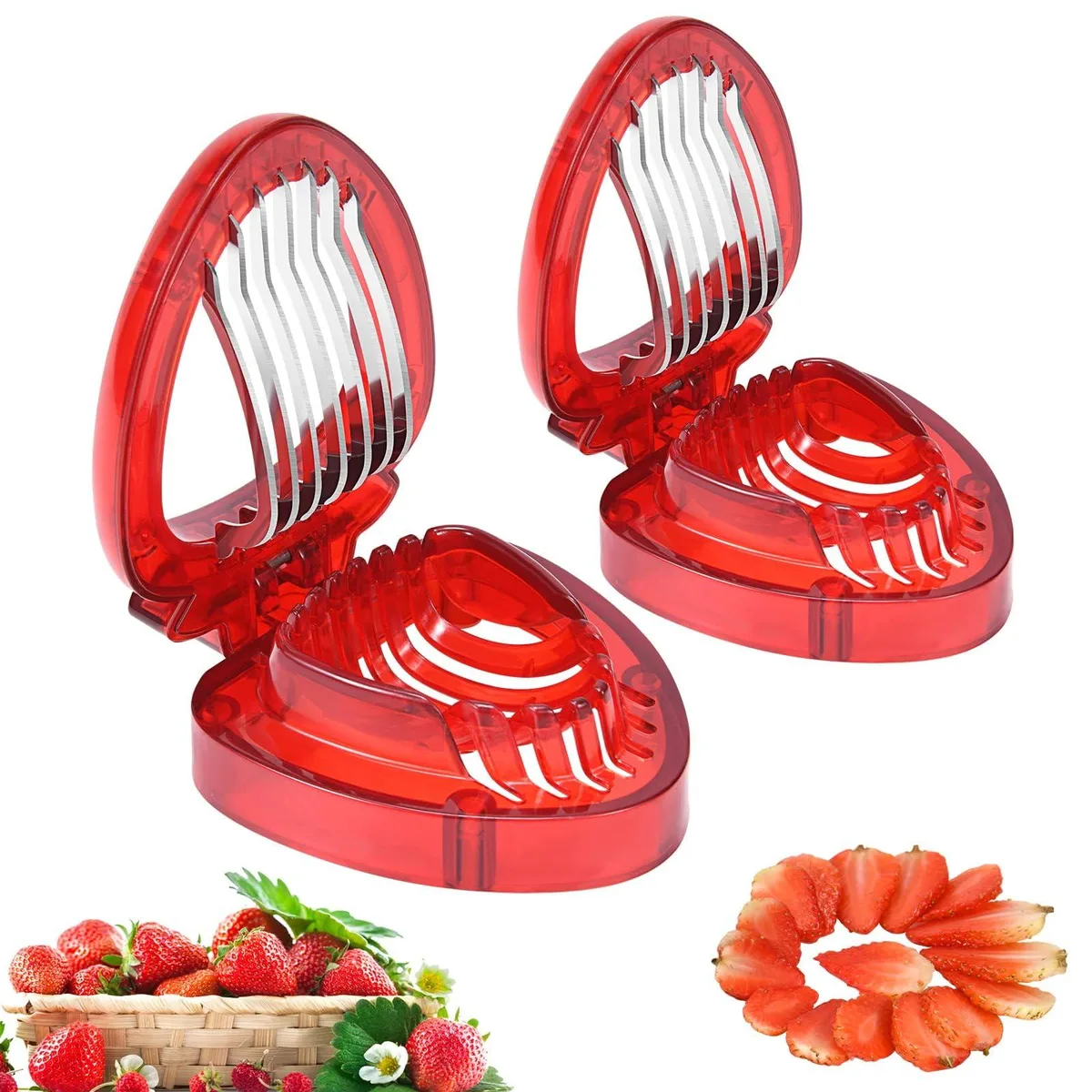 Two tan plastic strawberry slicers with stainless steel blades, each 3x2x3 inches
