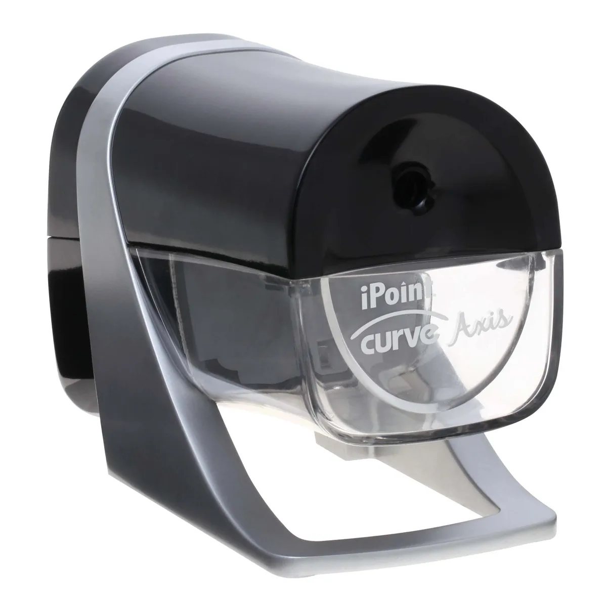 Black and silver plastic electric pencil sharpener, compact desktop form