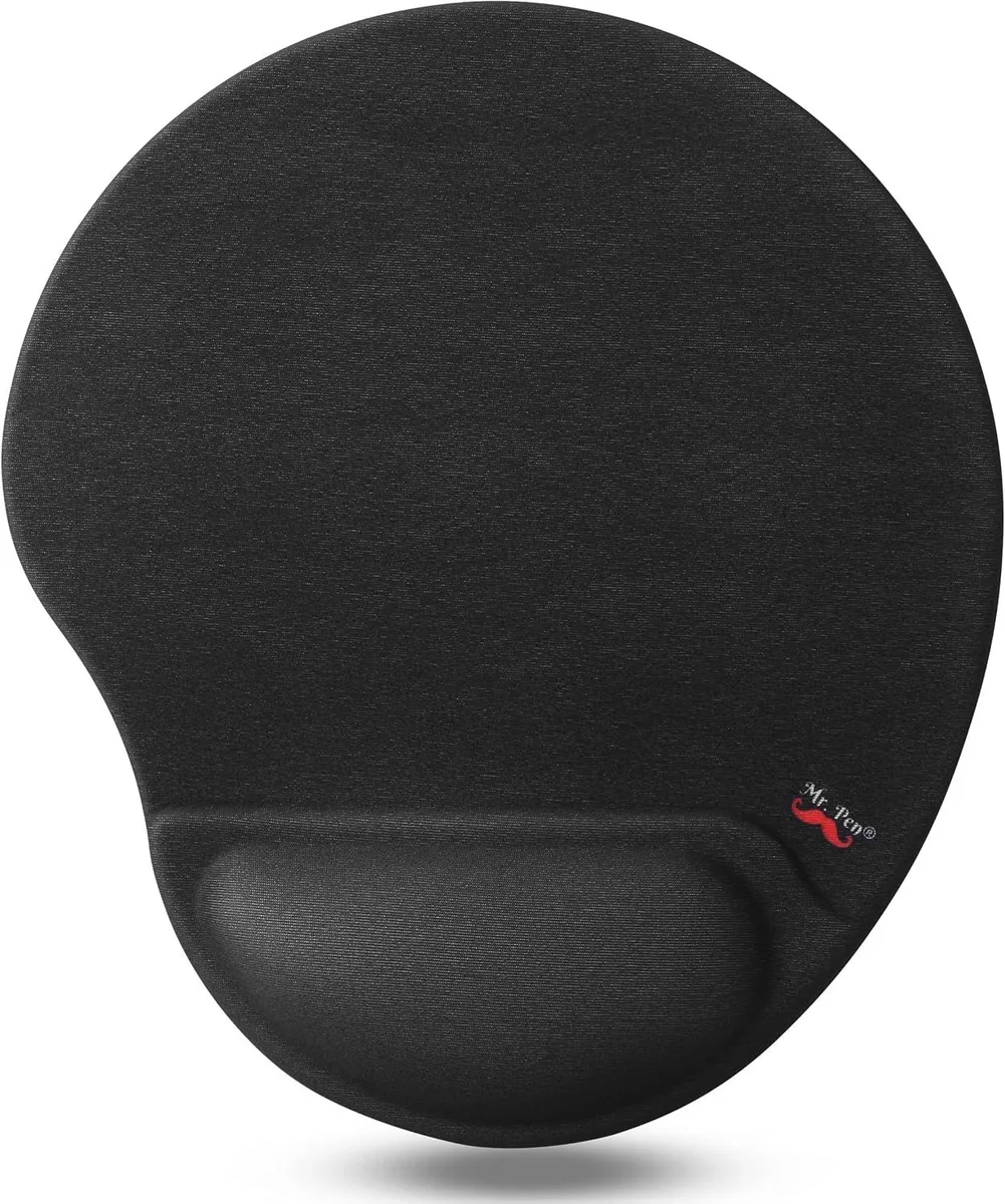 Rectangular mouse pad with raised gel wrist rest, dark fabric surface, non-slip rubber base