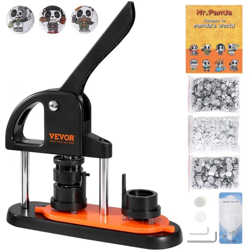 Black and orange plastic button maker with arc handle and panda magic book, 25mm die