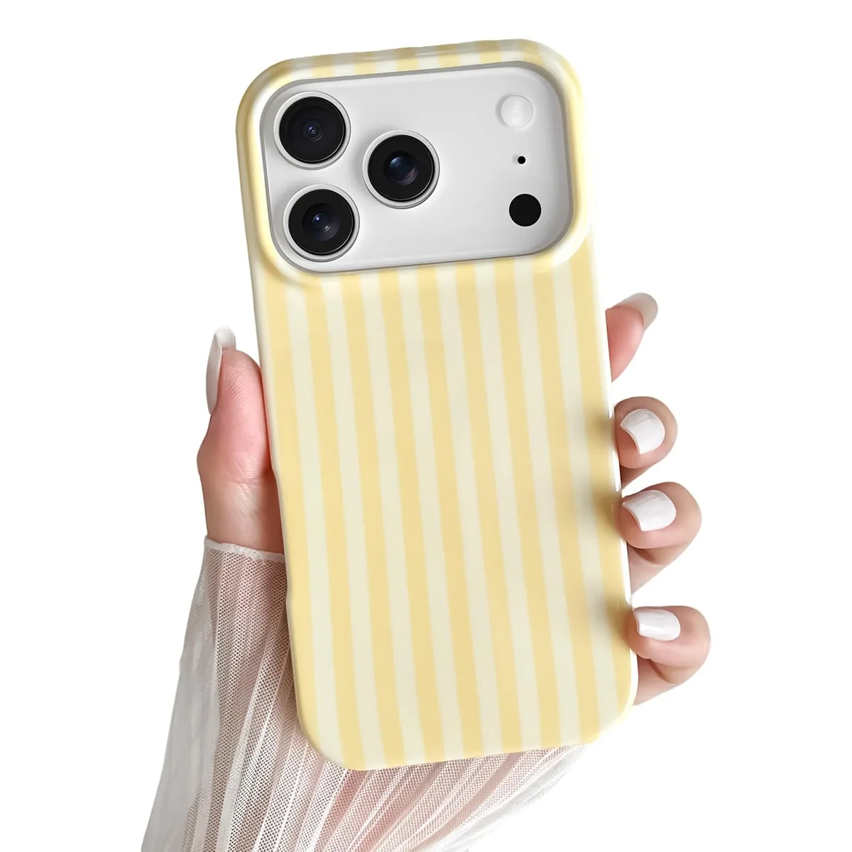 Yellow striped TPU case for iPhone 17 Pro, slim flexible cover with raised edges