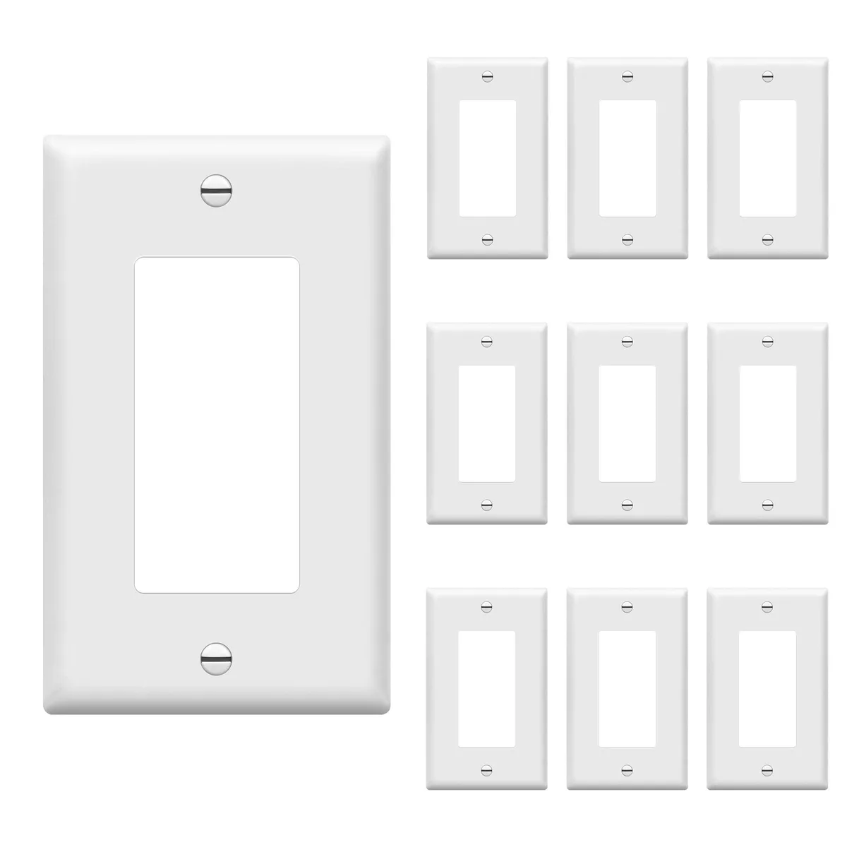 Ten white glossy decorator switch plates in a stack
