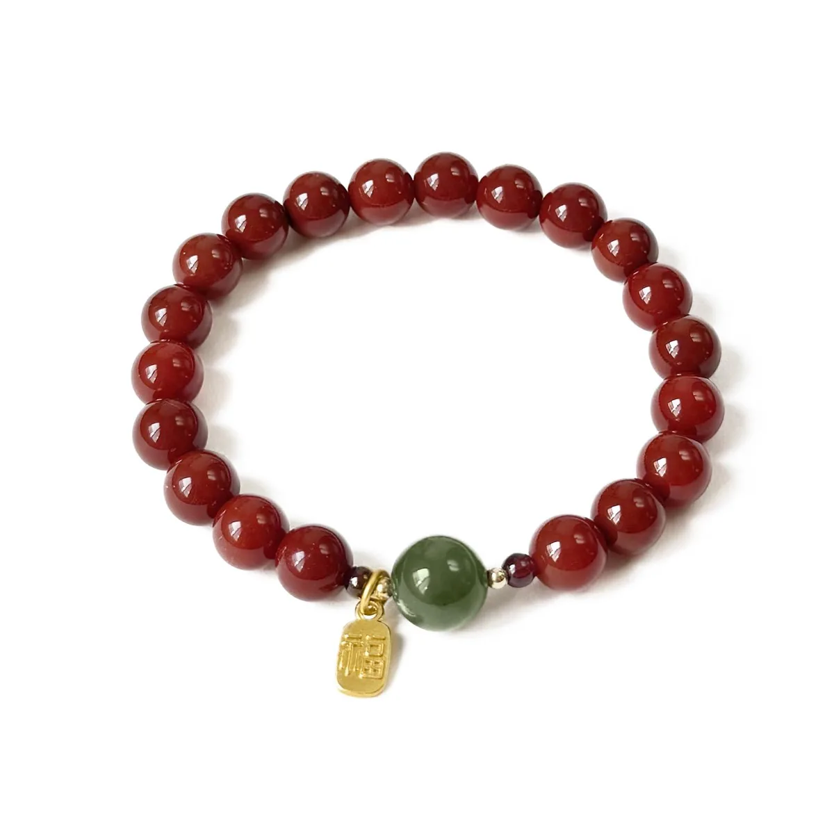 Single-circle red agate bracelet with green Hetian Yu accent and gilded Good Fortune pendant