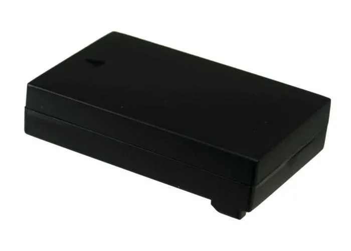 Rectangular lithium-ion camera battery, dark grey plastic casing, gold contacts visible