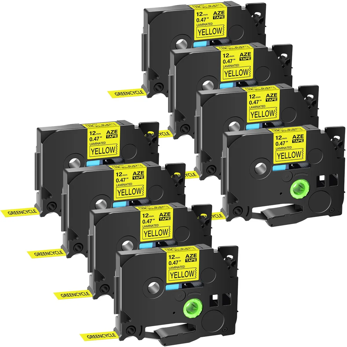 GREENCYCLE GREENCYCLE AZE-631 12mm Black on Yellow Laminated Label Tape 8 Pack — product photo