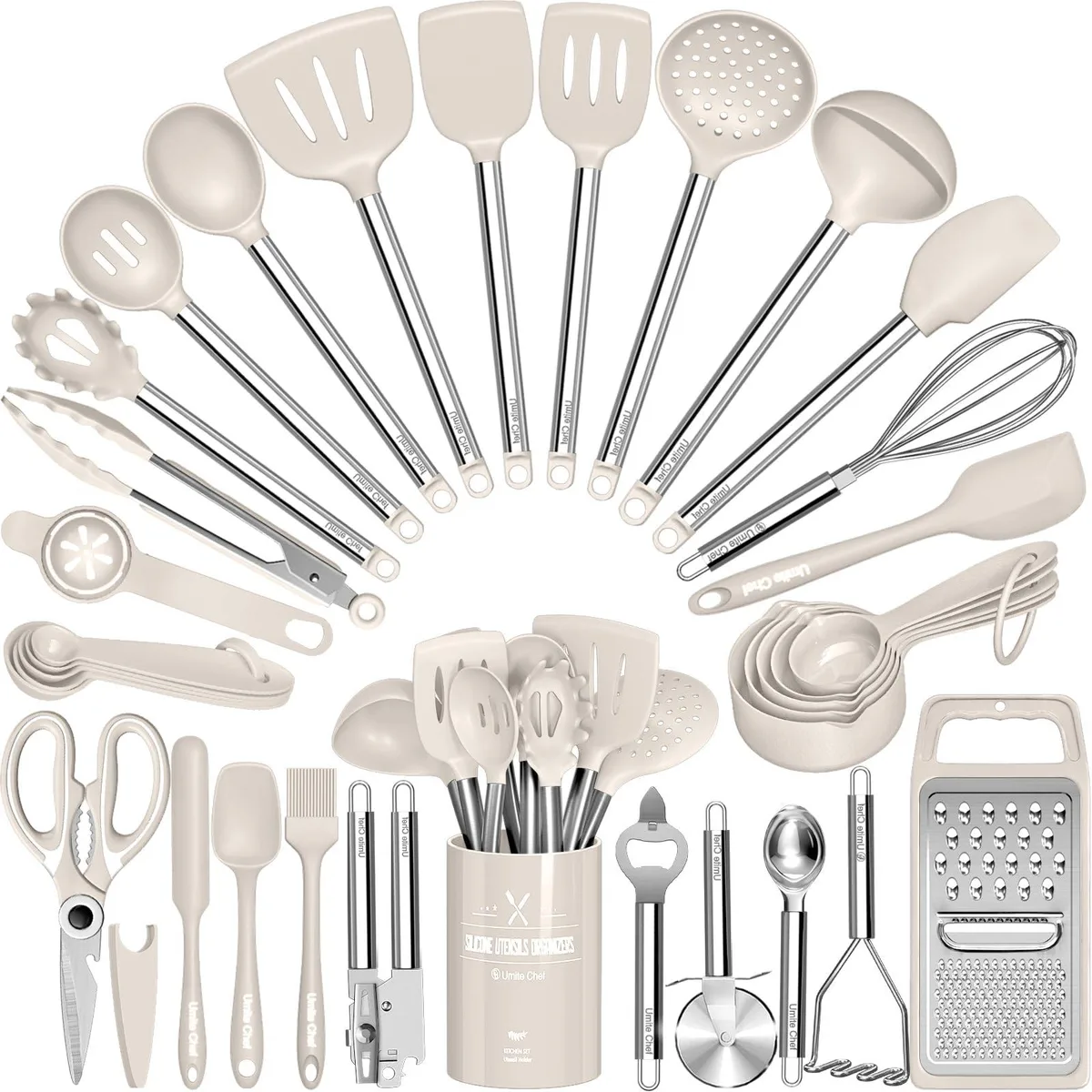 Khaki silicone utensil heads on stainless steel handles, 34 pieces in a holder
