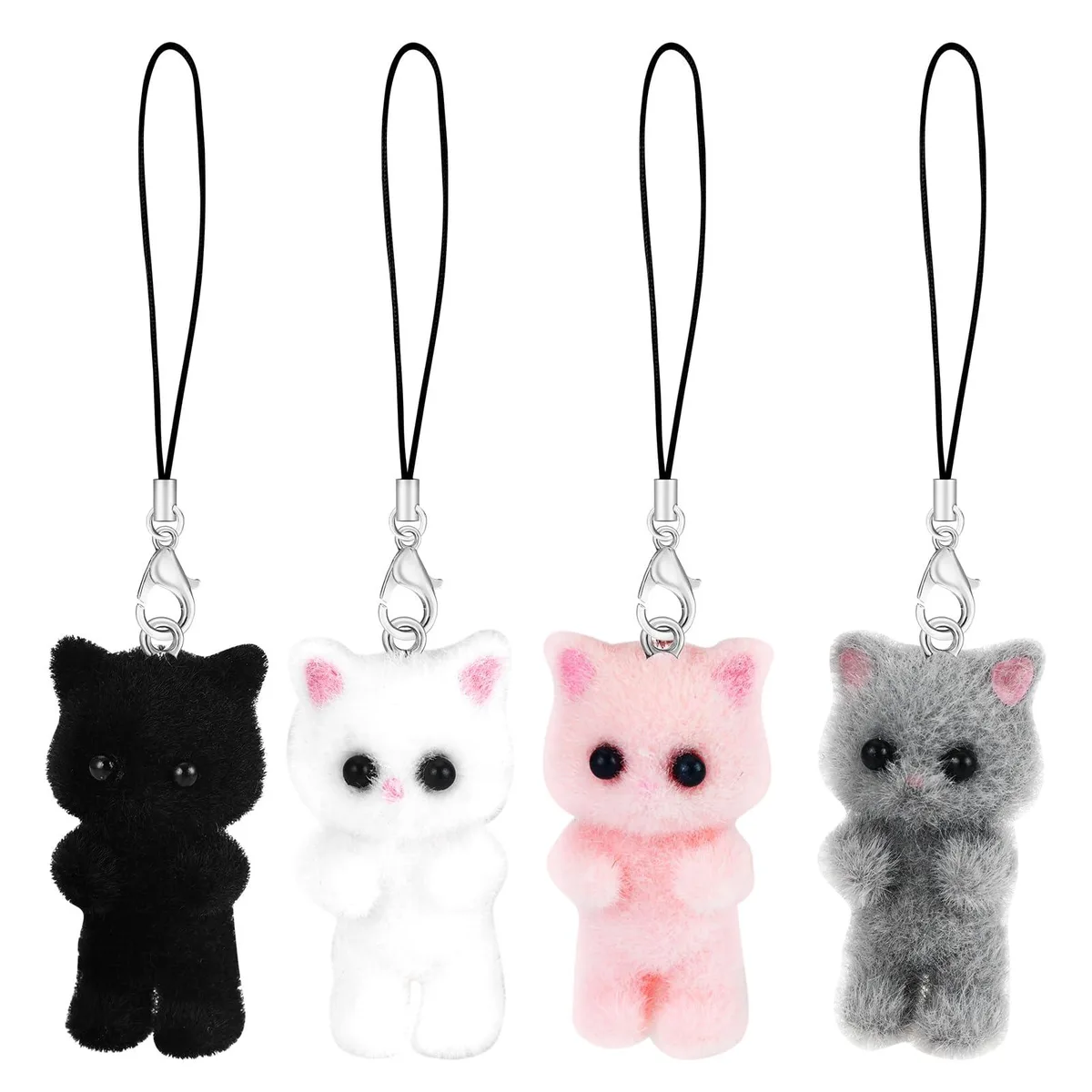 Four cat phone charms on nylon cords in pink black white and gray with glossy beads