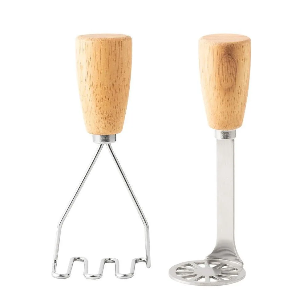 Two small yellow mashers with wooden handles, 5.3 inches long