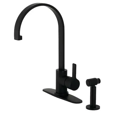 Single-handle kitchen faucet with curved spout, matte black finish, brass side sprayer