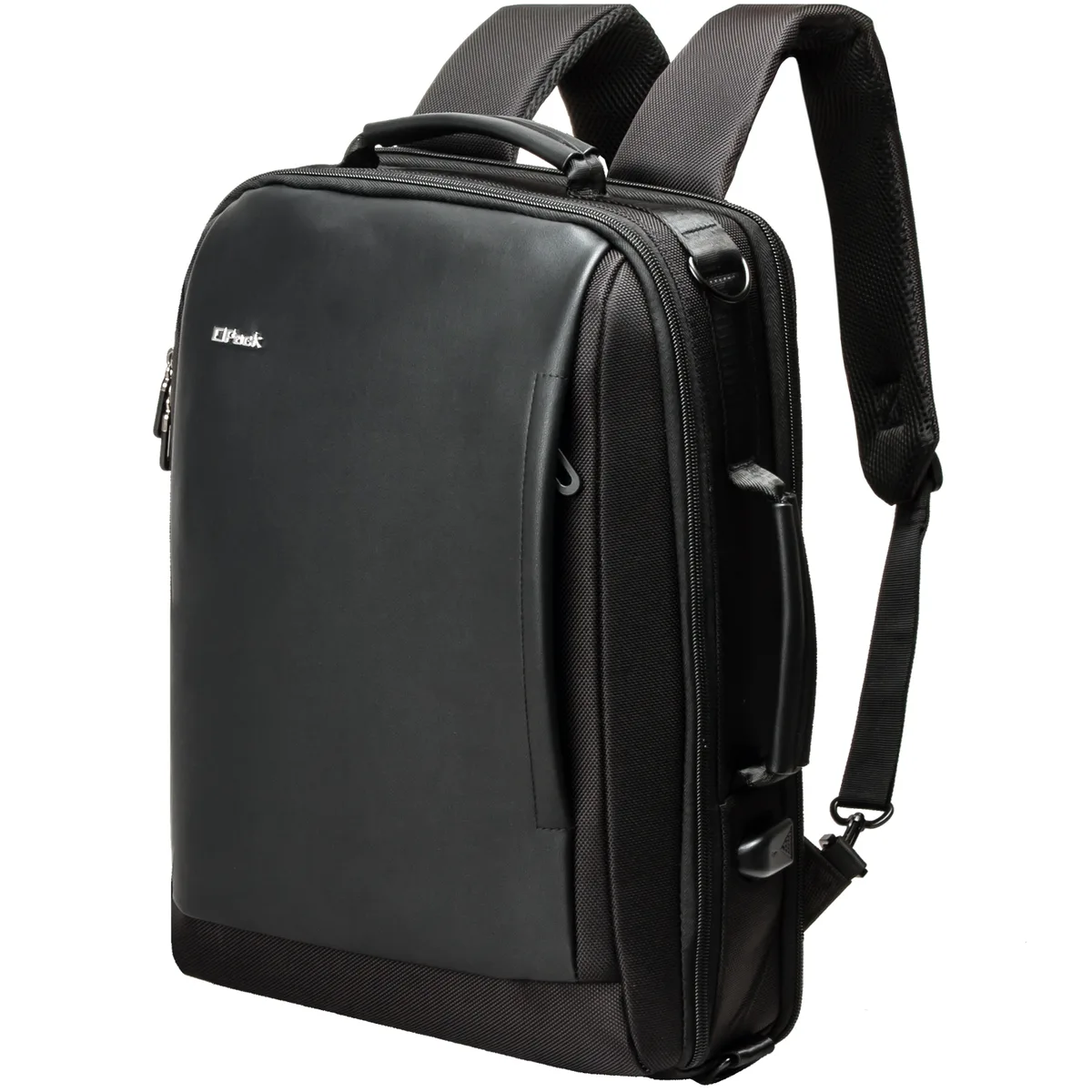 Black business backpack with expandable zipper, USB port and hidden anti-theft pocket