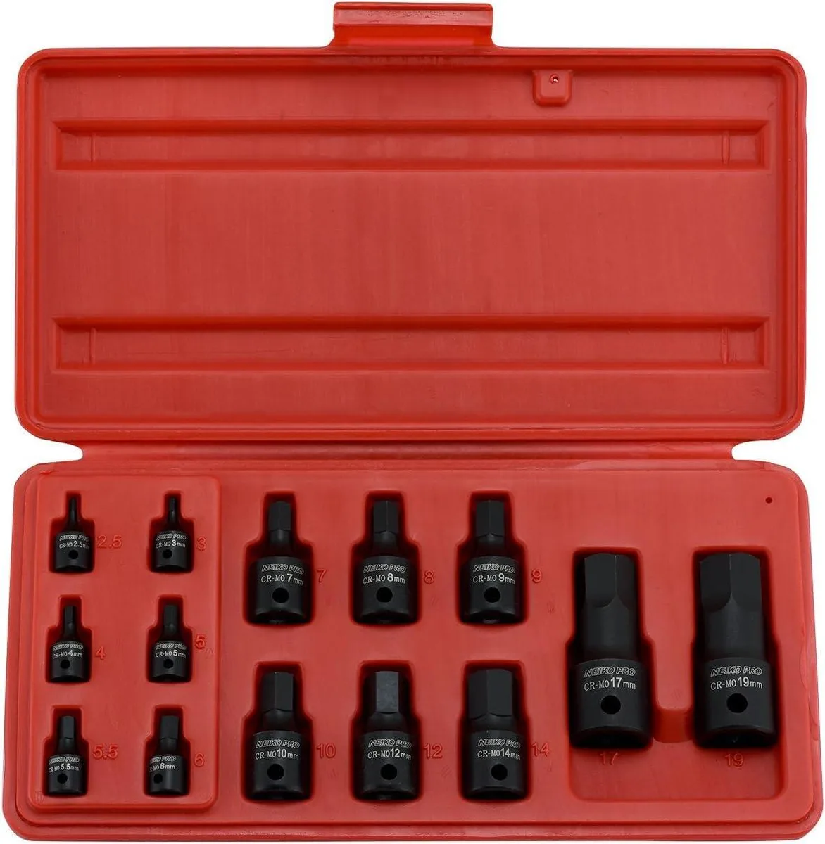 Fourteen-piece metric Allen-bit socket set in black plastic case, chrome molybdenum steel, sizes 2.5 to 19 mm