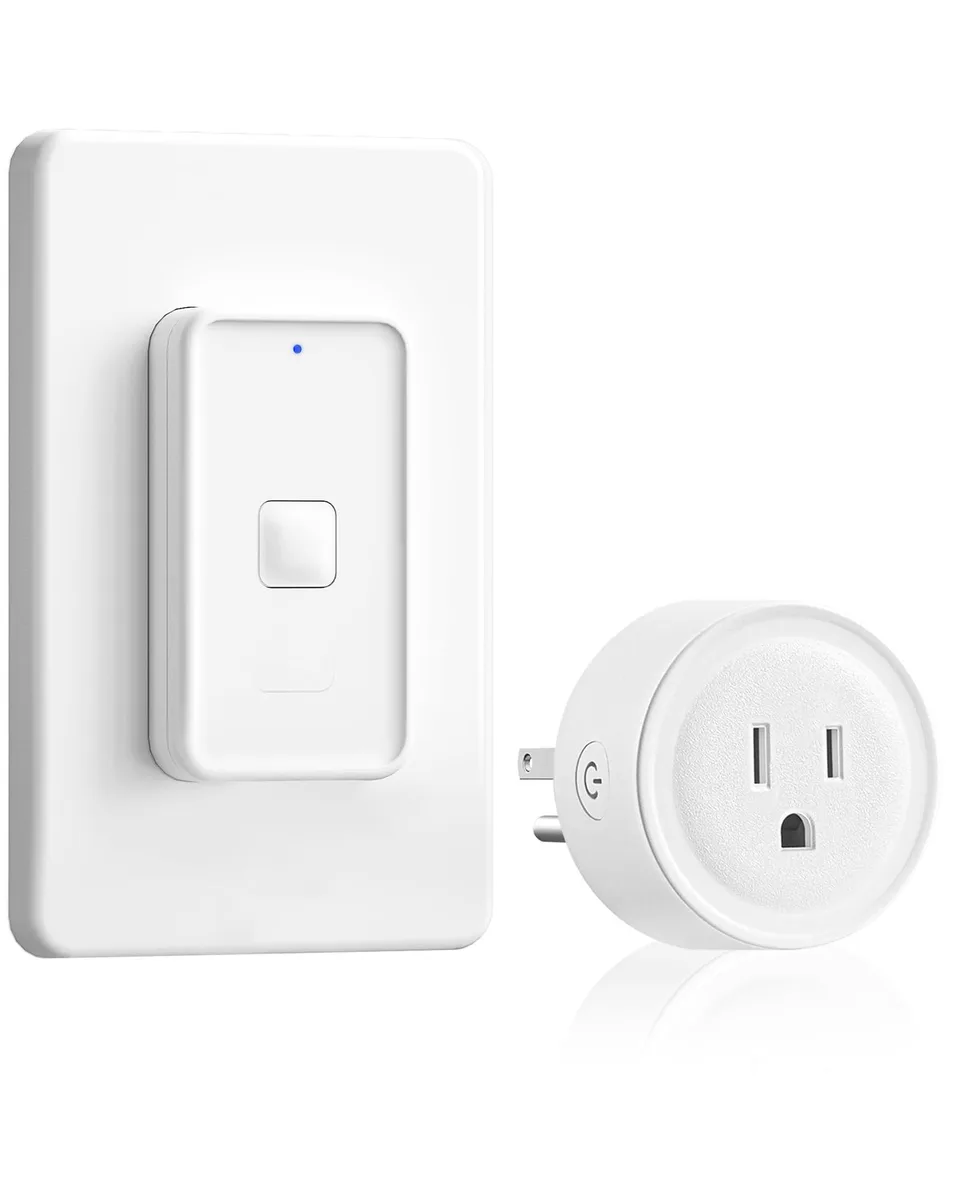 White rectangular smart plug with handheld remote and magnetic base