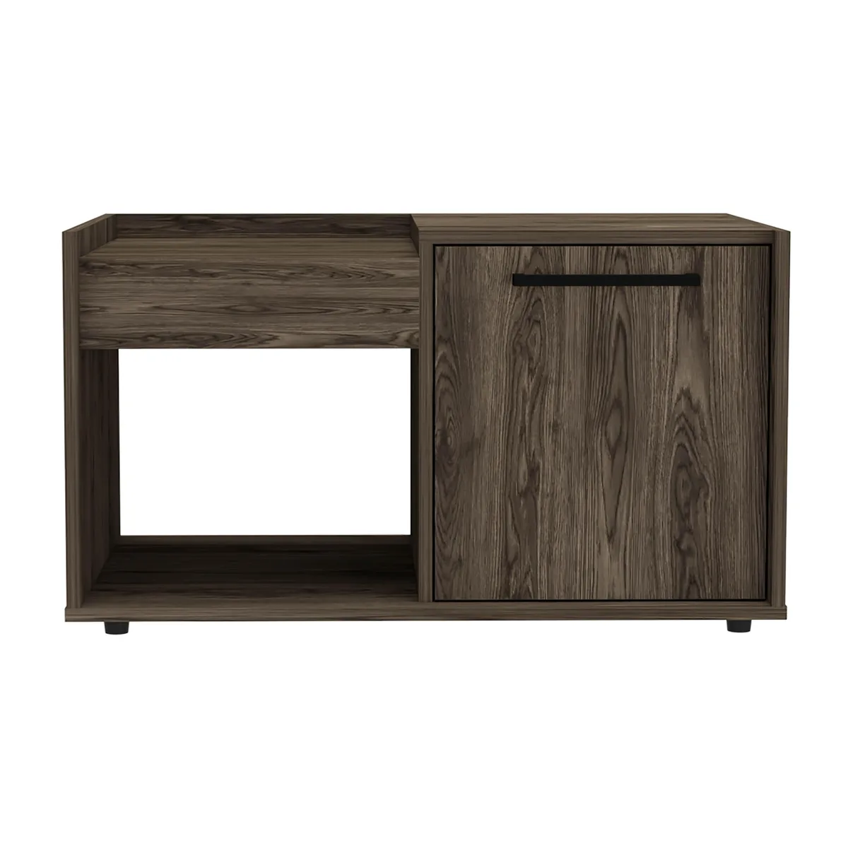 Rectangular two-shelf coffee table in dark walnut finish with single door storage