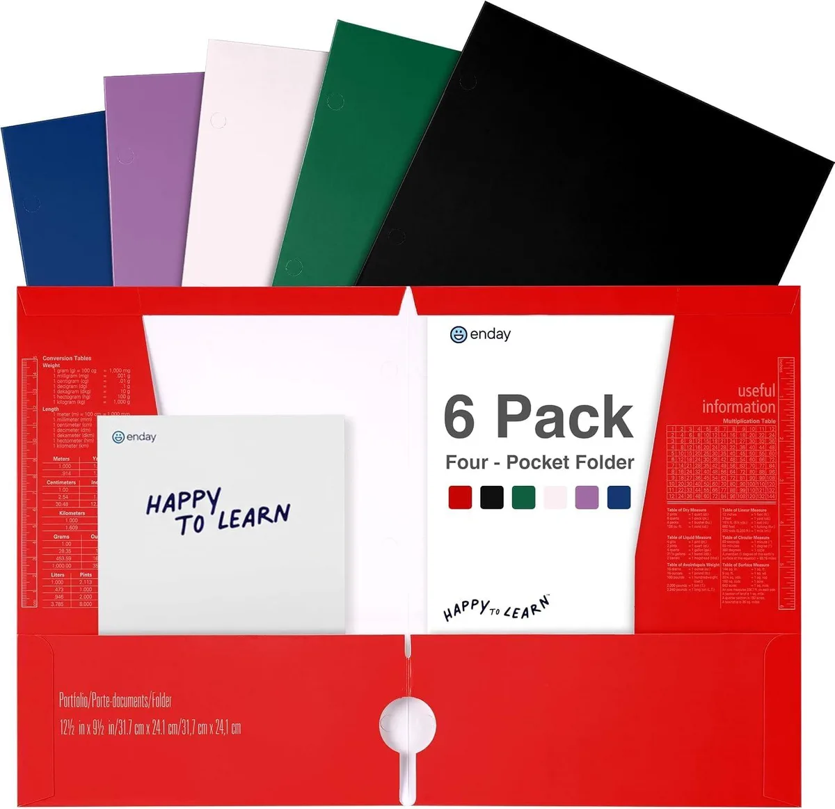 Six tan four-pocket file folders with three binder holes