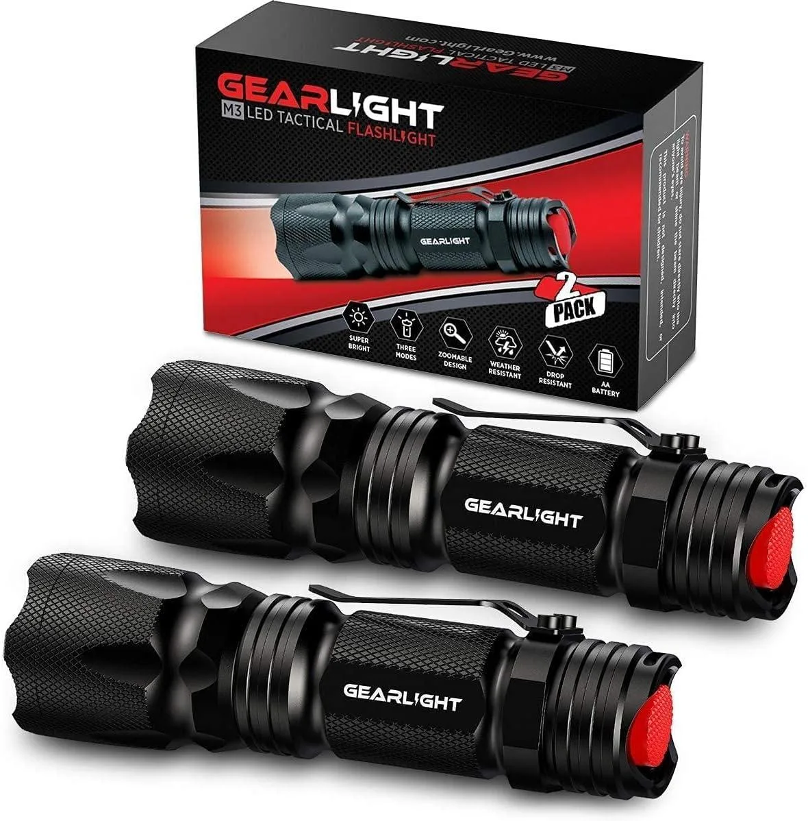 Two small black aluminium flashlights with pocket clips