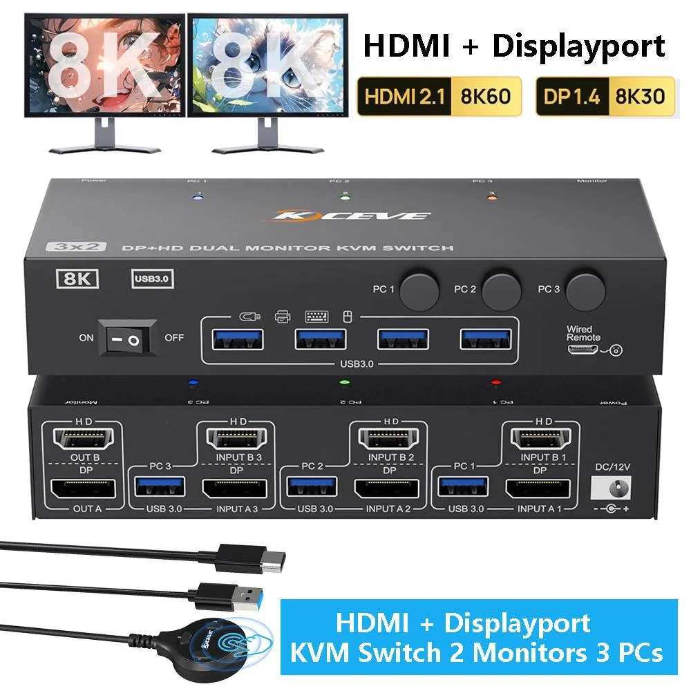 IHDAPP IHDAPP 302DH KVM Switch 3 Computers 2 Monitors HDMI DP 4K@144Hz 8K@60Hz USB 3.0 — product photo