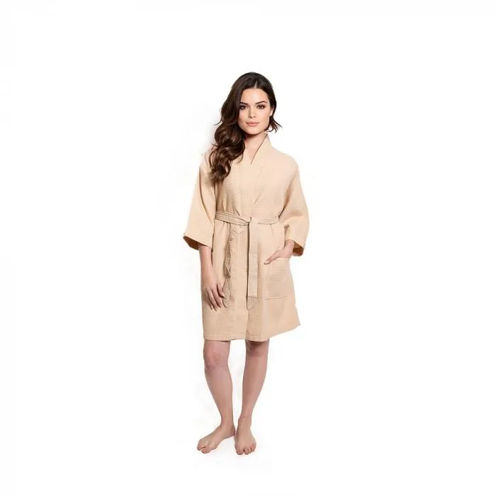 Taupe short waffle kimono bathrobe with tie closure, patch pockets, three-quarter sleeves