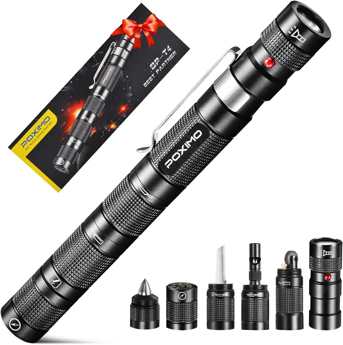 Silver metal pen-sized multitool with flashlight, lighter, glass breaker, blade and compass