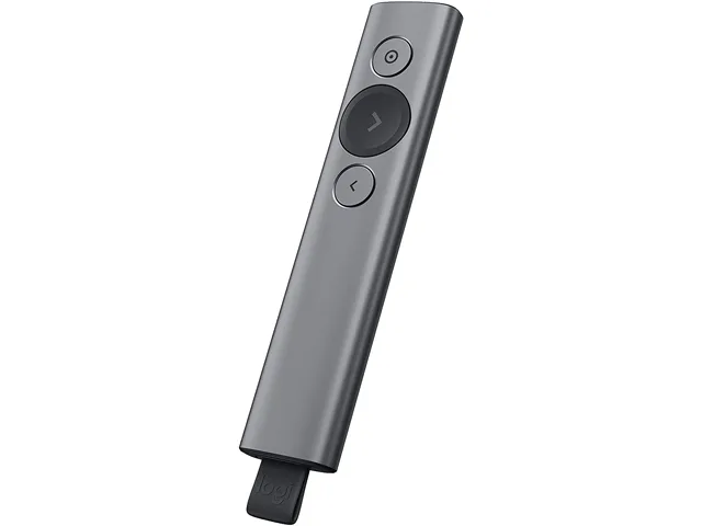 Slate-black presentation remote with USB receiver and charging cable